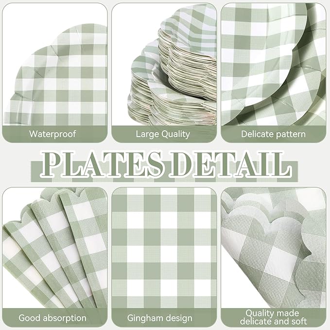 452 Pcs Sage Green Gingham Party Decorations Include White and Green Checkered Paper Plates Napkins Cups Tablecloth Cutlery Straws for Birthday Baby Shower Wedding Party Supplies
