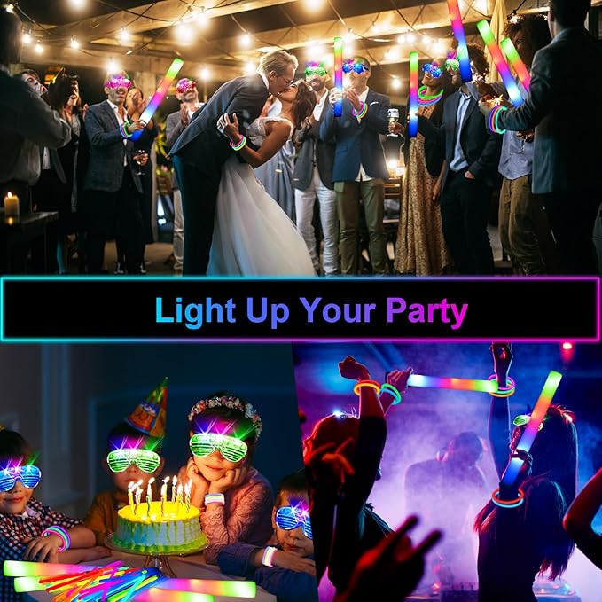 248 PCS Glow Party Supplies, Glow in the Dark Party Favors 24PCS Foam Glow Sticks, 24PCS LED Glasses and 200PCS Glow Sticks Bracelets, Neon Party Favors for Wedding,Concert,Raves and Birthday