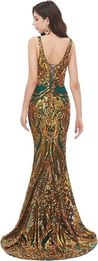 Women's Double V-Neck Sequins Lace-up Mermaid Evening Dress