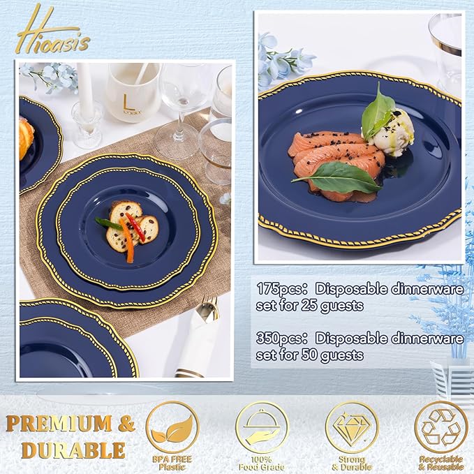 Hioasis 350pcs Blue and gold Plastic Plates - Blue Plastic Dinnerware Set Includes 50 Dinner Plates, 50 Dessert Dinnerware, 50 Cups, 50 Rolled Napkin Cutlery Perfect for Wedding