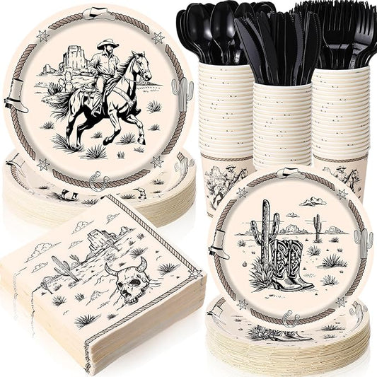 Pickmesh 400 Pcs Western Cowboy Party Plates and Napkin Decoration Wild West Rodeo Tableware Cups Knives for Rodeo Bachelorette and Wild Cowboy Birthday Party Supplies Serve 50