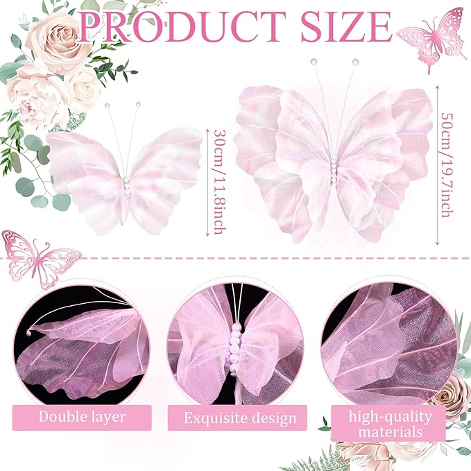 Geelin 6 Pcs Large Pink Butterfly Decorations Mariposas Grandes para Decoracion Big Butterfly Party Decor 20 Inch 12 Inch 3D Silk Butterflies for Baby Shower Women Birthday Party Wedding Decor
