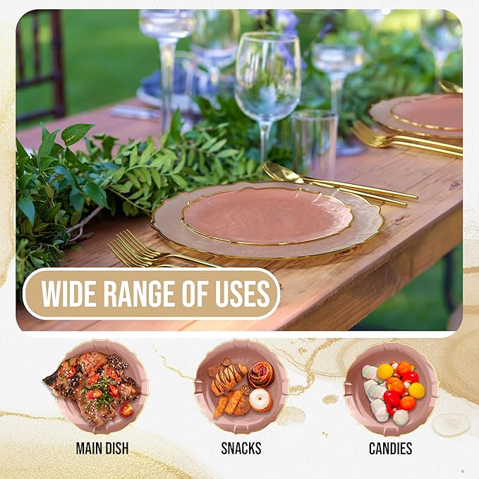 Exquisite Plastic Plates for Party 40 Piece Fancy Plastic Dinner Plates For 20 Guests 20 X 7.5 Dessert Plates & 20 X 10 Thin Delicate Disposable Dinnerware Charger Plate Pink Rose Gold Rim