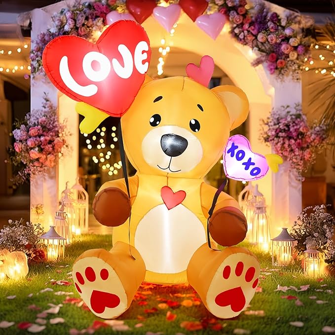 LETIME 5 FT Valentine's Day Inflatable Outdoor Decorations Bear with 2 Heart Balloons LED Lighted Valentines Blow up Yard Decoration for Party, Anniversary, Wedding, Propose, Garden, Lawn