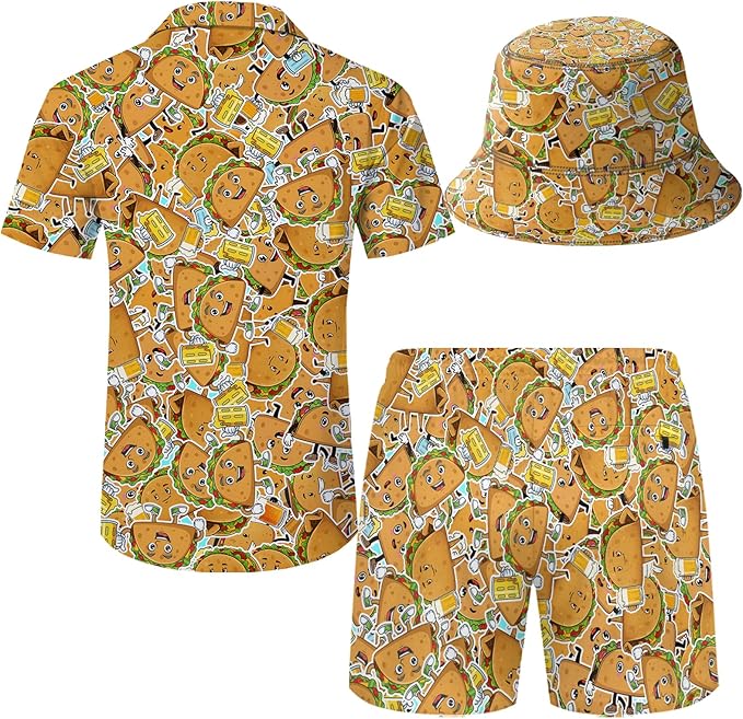 Men's Hawaiian Shirt and Shorts Set 2 Piece Beach Outfits with Bucket Hats for Beach Days and Summer Vibes