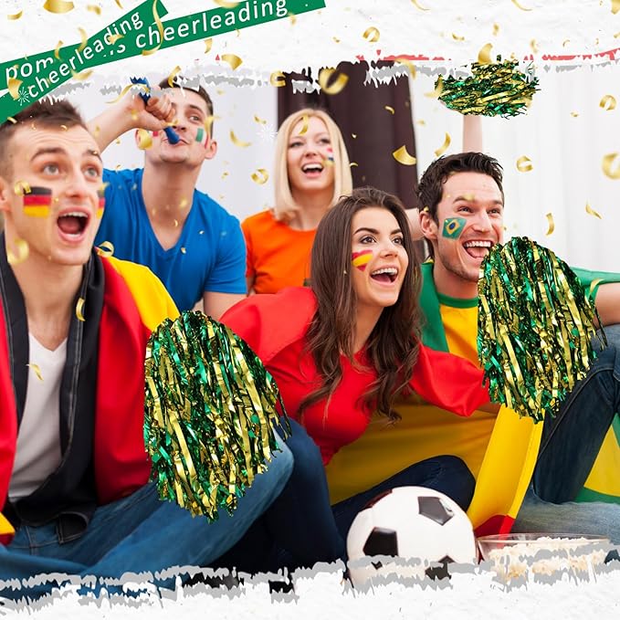Hanaive 100Pcs Metallic Cheerleading Pom Poms with Baton Handle Cheerleader Pompom Foil 30g Cheering Squad Hand Flowers for Adults Team Spirit Sports Party Cheering