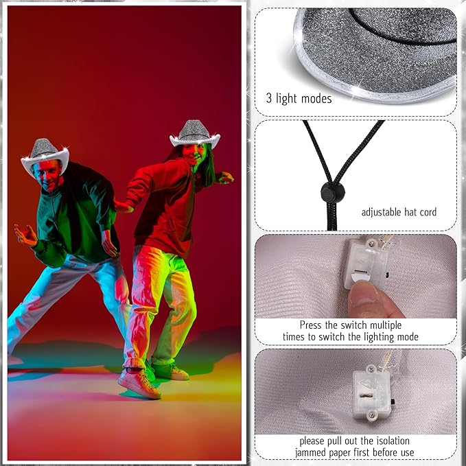 Kigeli 10 Pcs Lights LED Cowboy Cowgirl Hat LED Flashing Hat Cowgirl Hat for Western Cowboy Role Play(Silver,Sequin)