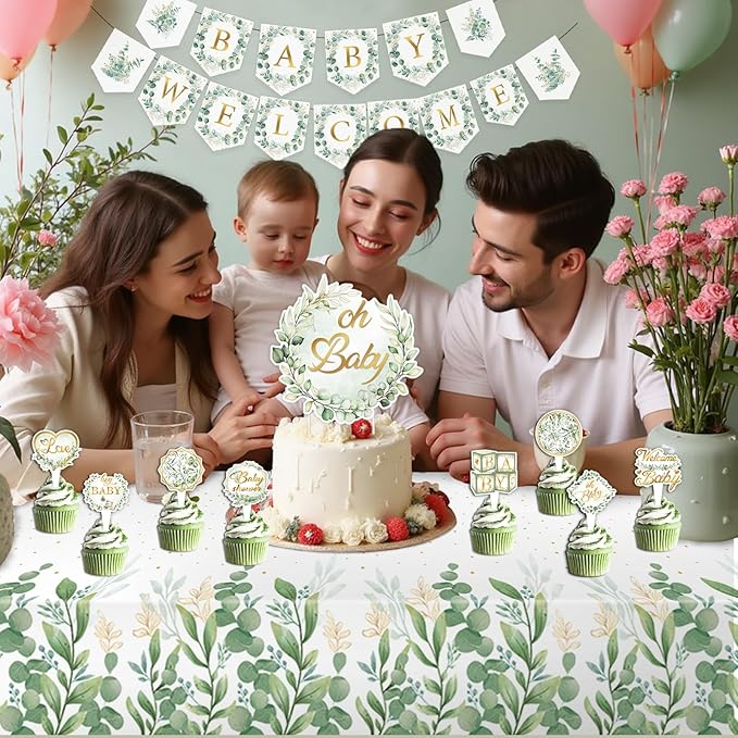 Sage Green 172pcs Gender Neutral Baby Shower Decorations - Boho Greenery Party Supplies with Oh Baby Backdrop, Tablecloth, Balloons, BABY Box, Welcome Banner