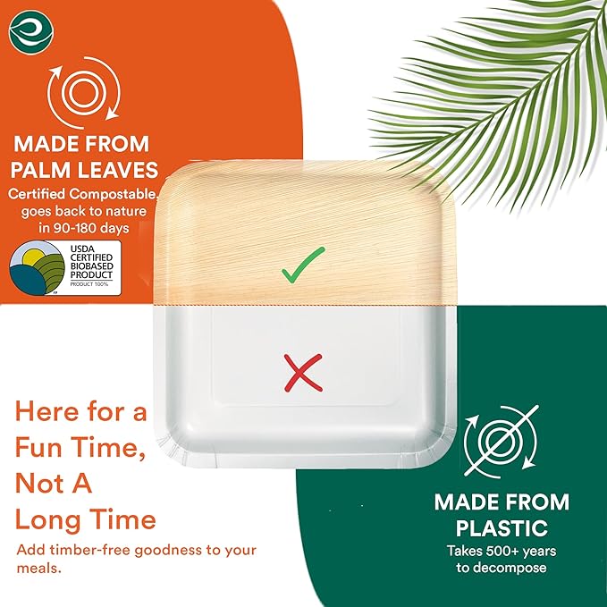ECO SOUL 10 Inch Palm Leaf Disposable Bamboo Plates Food Safe [50 Count] Wooden Square Compostable & Biodegradable Heavy Duty Party Plates for Dinner, Weddings, Parties & Events