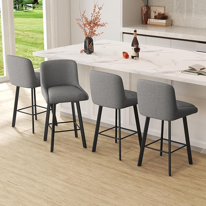 Swivel Bar Stools Set of 6, 26''H Upholstered Barstools with Backs, Modern Counter Height Bar Stool Chairs for Kitchen Island, Metal Legs, Fabric, Gray Counter Stools