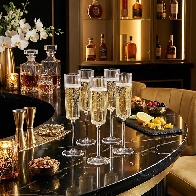 36 Pack Clear Plastic Champagne Flutes - 6oz Ribbed Disposable Champagne Glasses - Clear Vintage Mimosa Glasses with Long Stem - Elegant Sparkling Wine Stemware for Wedding, Party