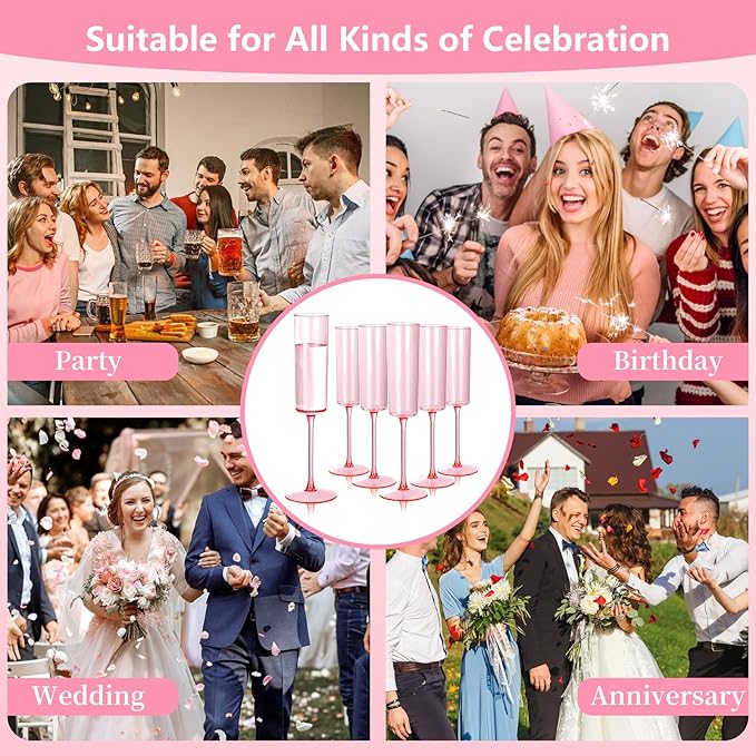 Ciaell 24 Pack Pink Plastic Champagne Flutes - Pink 6 Oz Disposable Champagne Glasses - Square Plastic Toasting Glasses for Party Birthday Anniversary Wedding & Valentine's Day