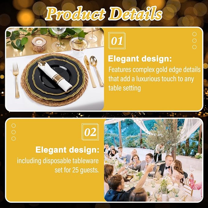 Hioasis 175pcs Black and gold Plastic Plates - Gold Plastic Dinnerware Set Includes 25 Dinner Plates, 25 Dessert Dinnerware, 25 Cups, 25 Napkins Perfect for Wedding & Party