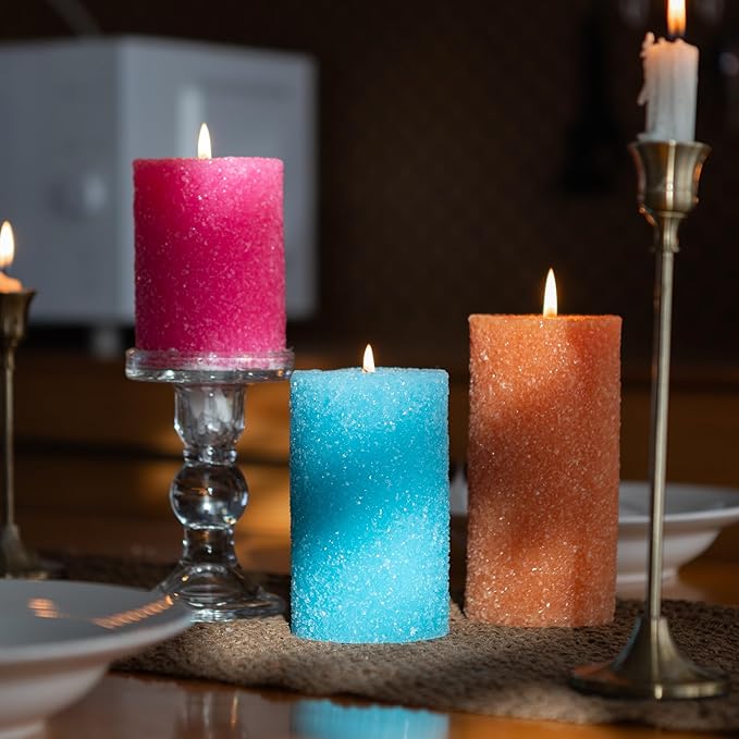 MOZEAL Hand-Poured Granular Texture Decorative Turquoise Pillar Candles Set of 3 (3"x4", 5", 6"), Dripless, Unscented, Smokeless, for Coastal Style, Summer Patio & Boho Beach House Décor