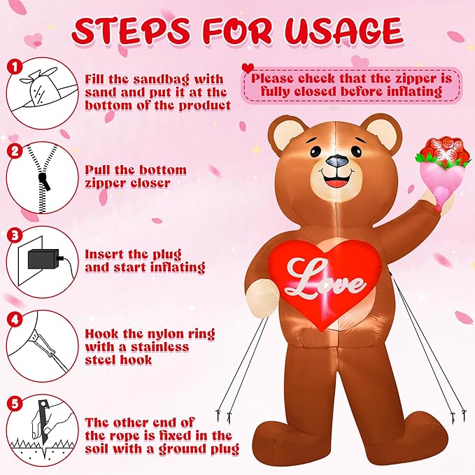 8 FT Valentines Day Inflatables Outdoor, Blow Up Bear Holding Love Heart and and Flowers, Romantic LED Lighted Valentine's Day Inflatables Decorations for Anniversary Wedding Proposal Party Lawn