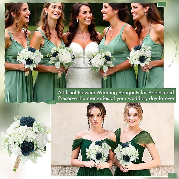 Wedding Bridesmaids Bouquets Set of 6-7 Inch Artificial Flowers Bouquets for Bridesmaids Pre-Made Faux Small Floral Bouquets Bridal Shower, Wedding, Ceremony, Anniversary - White & Teal Blue