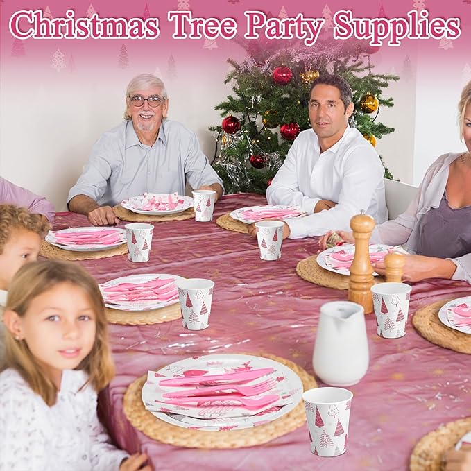 Pickmesh 400 Pcs Pink Winter Party Supplies Silver Xmas Tree Snowflake Disposable Paper Plates Napkins Cups Cutlery for Winter Xmas Christmas Birthday Party Table Decorations Serve 50