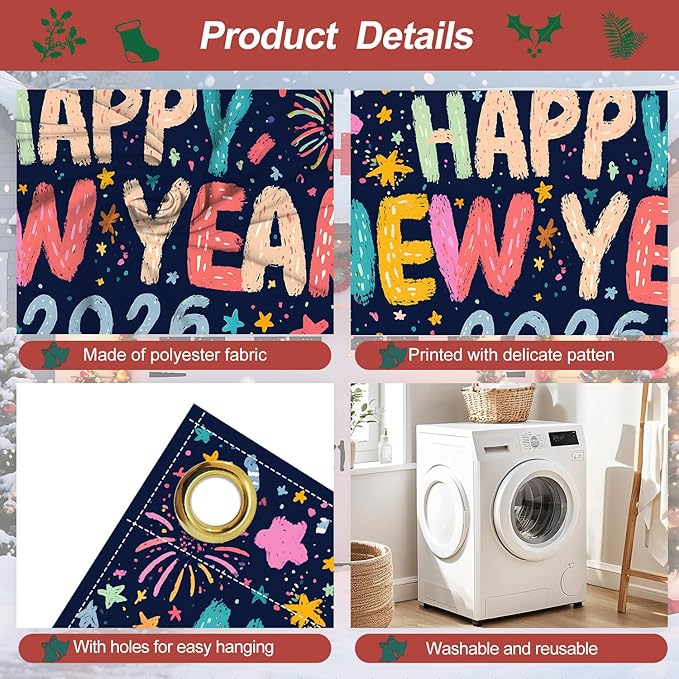 Happy New Year 2026 Garage Door Banner 7x16FT, Colorful Fireworks Garage Door Cover, Large Outdoor New Year Decoration Backdrop for Garage Doors, Fence, Yard, Holiday Party