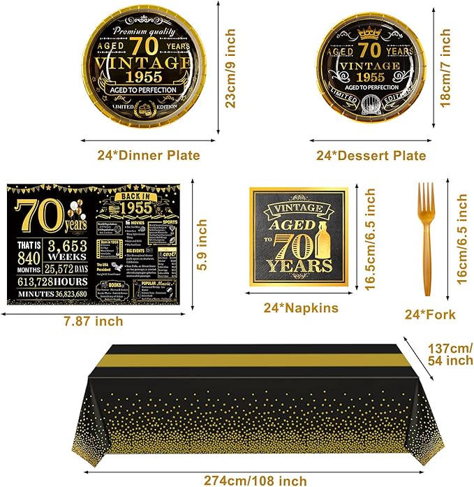 70th Birthday Party Tableware Set,Back in 1955 70th Birthday Party Supplies Decorations,Include 1955 Anniversary Card,Tablecloth and Plates, Forks,Napkins 24 Guests for Men
