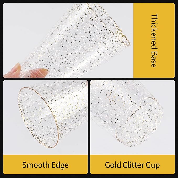 Goodluck 9 oz 200 PCS Gold Glitter Plastic Cups, Disposable Glitter Cups, Elegant Plastic Cocktail Glasses, Fancy Party Cups for Wedding, Birthday, Holiday