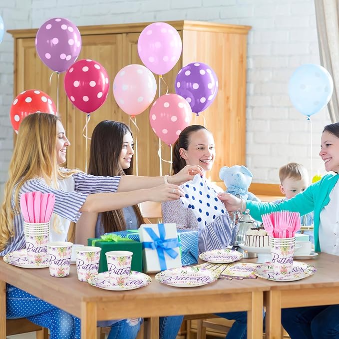 Dandat 350 Pcs Baby Shower Plates Set Baby Shower Party Supplies Serves 50 Tableware Sets Include Plates Napkin Cup Forks Knives Spoons Disposable Dinnerware(Butterfly,Purple)