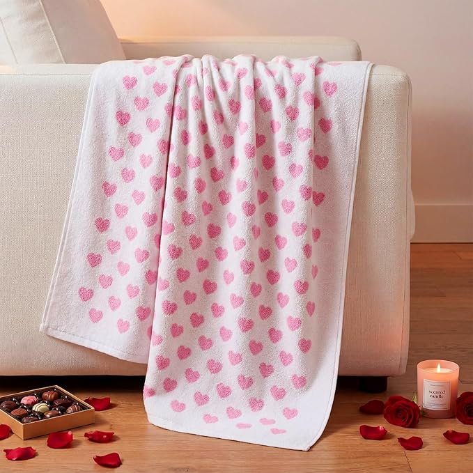 2 Pcs Valentine Hearts Cotton Bath Towels Gift Set 55 x 28 Inch Galentine Decoration Red Pink Hearts Soft Cotton Bath Towels for Valentine Gifts Home Travel Swim Bathroom Shower Supplies(Pink)