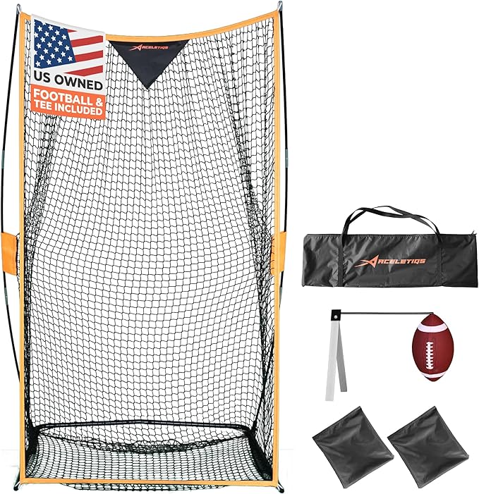 Football Net (7x4 ft) for Field Goals, Portable Football Kicking Net for Throwing with Target Zone Attachment, Field Goal Kicking Cage Nets for Practice [Sand Bag, Ball, Pump, Tee, Carry Bag Included]