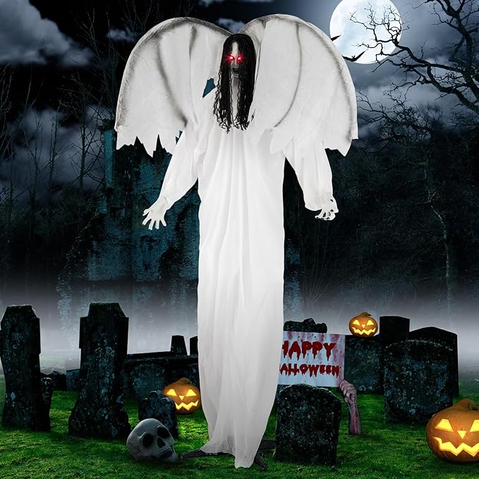 BECOMFORT 6.6 FT Halloween Animatronics, Sound-Activated Standing Angel with Flapping Wings, Glowing Eyes, Creepy Sounds & Posable Arms, Animated Halloween Props Decoration for Indoor & Outdoor