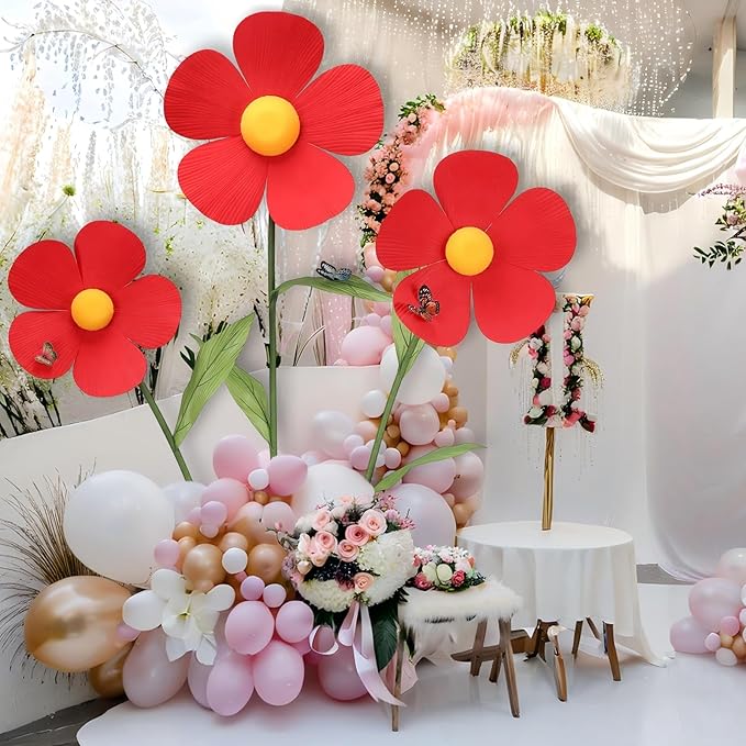 Giant Artificial Daisy Flowers Decoration Five Petal 5.8 Ft Tall Large Fake Daisies Spring Wild Flower for Party Garden Office Home Wedding Decor(Red)