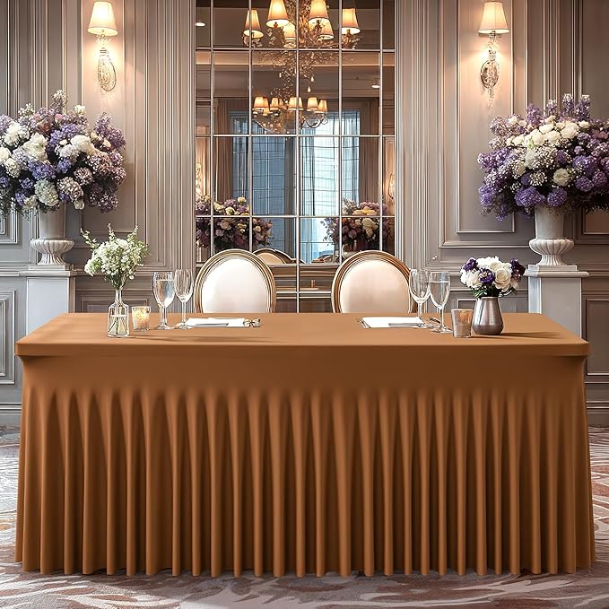 Wish Care 2 Pack Brown Spandex Table Clothes for 8 Foot Rectangle Tables, 8FT Wrinkle Free Fitted Tablecloths Ruffles Design Table Cover for Party, Banquet, Wedding and Events