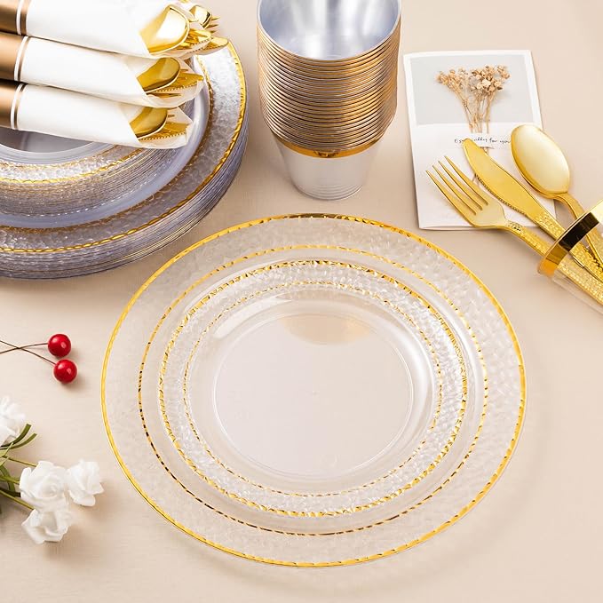 175PCS Clear Plastic Plates with Gold Trim for 25 Guests, Disposable Dinnerware Set for Party & Wedding, Includes 50 Plastic Plates, 25 Pre Rolled Napkins with Gold Silverware, 25 Cups