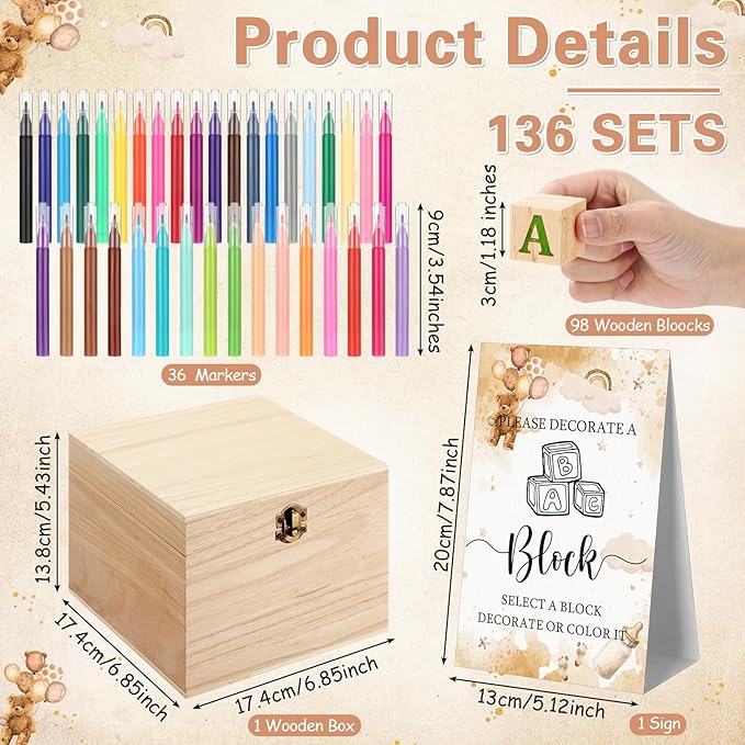 Marsui 136 Pcs Baby Shower Blocks to Decorate Game Kit Includes 98 Wooden Blocks, 36 Markers, 1 Game Sign, 1 Storage Box for Baby Shower Gender Reveal Activity Party Decorations(Brown Bear)