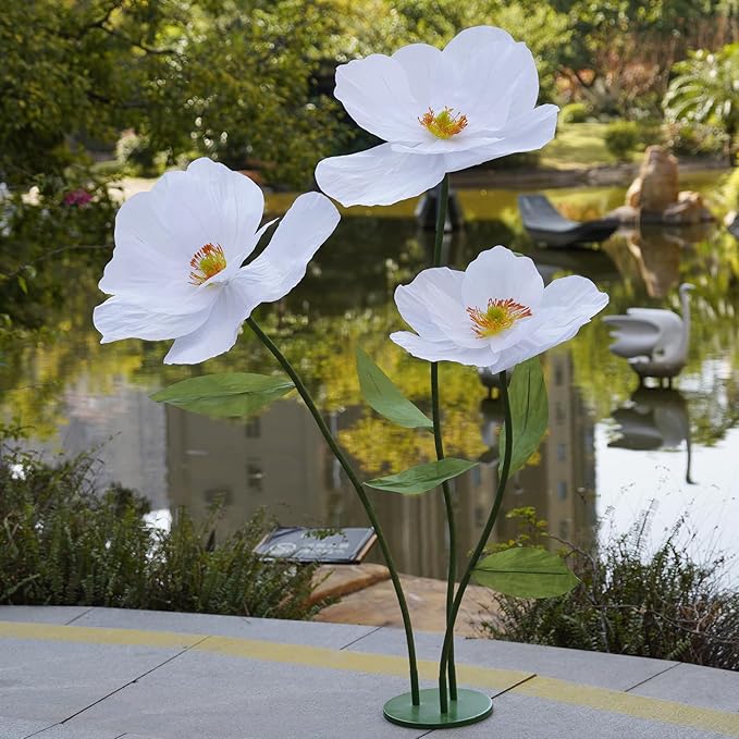 Large Paper Artificial Flowers,Giant Flowers for Decoration,Huge Handcrafted Poppy Fake Flowers with Stand for Home Decor Bridal Shower Party Outdoors Yard Event Backdrop Decor (White)