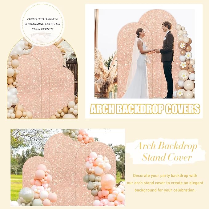 FUHSY Set of 3 Arch Backdrop Cover 7.2FT/6.6FT/6FT Rose Gold Spandex Sequin Arch Covers Stretchy Backdrop Glitter Wedding Arch Stand Cover for Birthday Party Banquet Graduation Ceremony Decoration