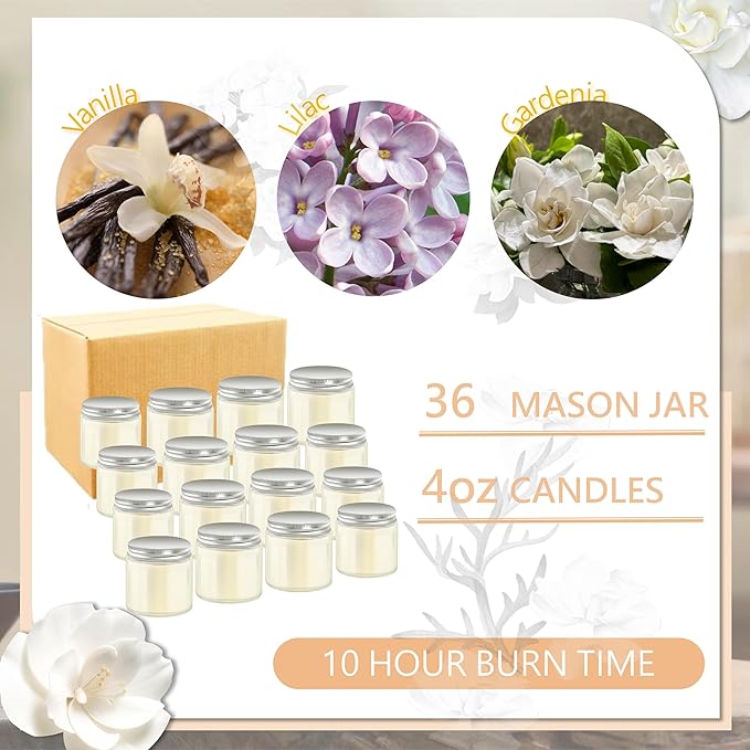 ACITHGL 36 Pcs 4oz Mini Mason Jar Candles Small Scented Candles Bulk Aromatherapy Ideal Souvenir Favors for Wedding Birthday Party (Vanilla, Lilac, Gardenia, Silver)