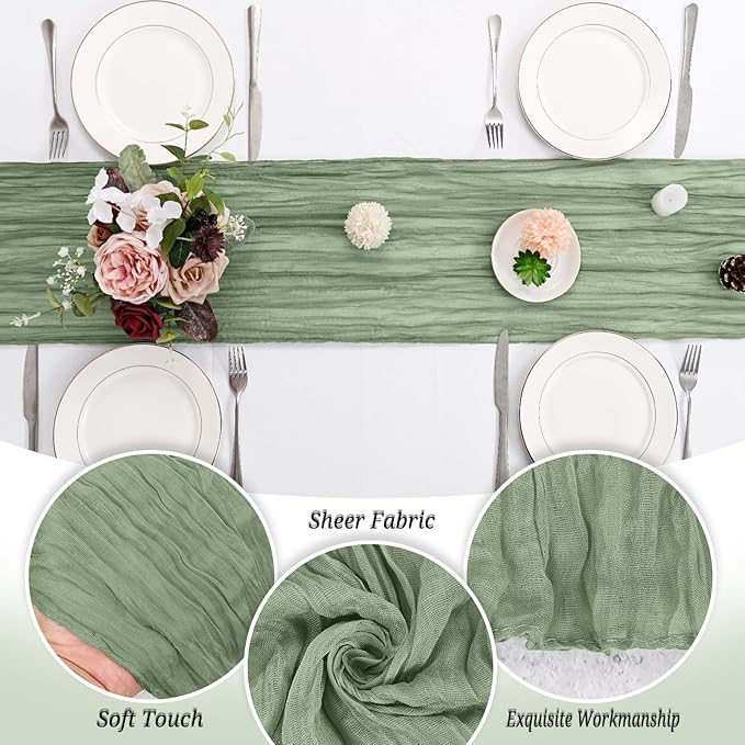 24 Pack Sage Green Cheesecloth Table Runner 120 inch Fall Thanksgiving Boho Rustic Gauze Farmhouse 10FT Cheese Cloth Runner for Baby Shower Wedding Party Holiday Home Decor