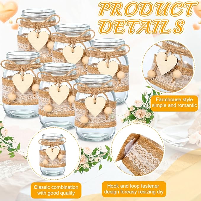 Mumufy 12 Sets Mason Jar Table Centerpiece with Lace Sleeves and Heart Shaped Hemp Rope Rustic Mason Jar Vases Reception Engagement Party Bridal Shower Centerpieces Wedding Table Decorations