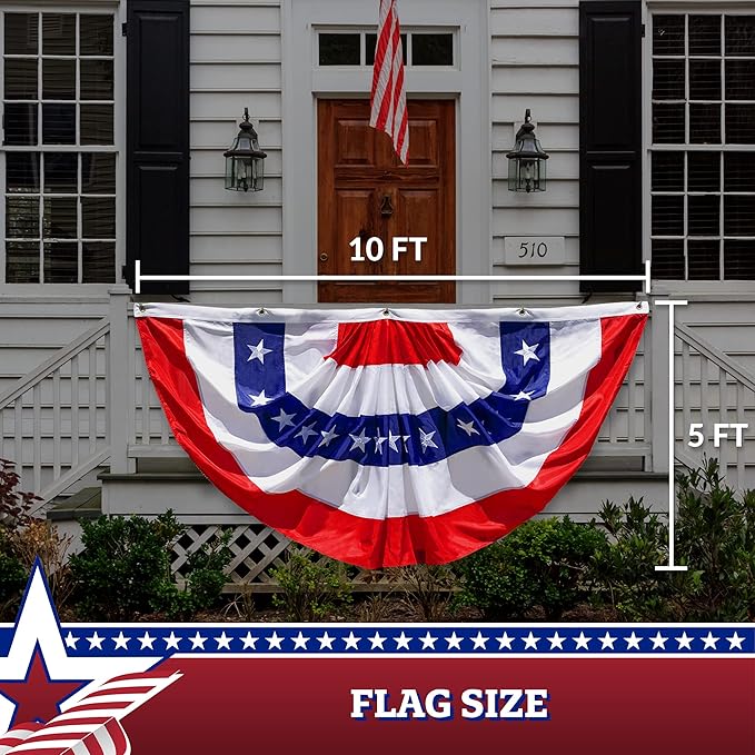 G128 – 2 Pack: USA Pleated Fan Flag, 5x10 Feet American USA Bunting Decoration Flags Embroidered Patriotic Stars & Sewn Stripes Canvas Header Brass Grommets