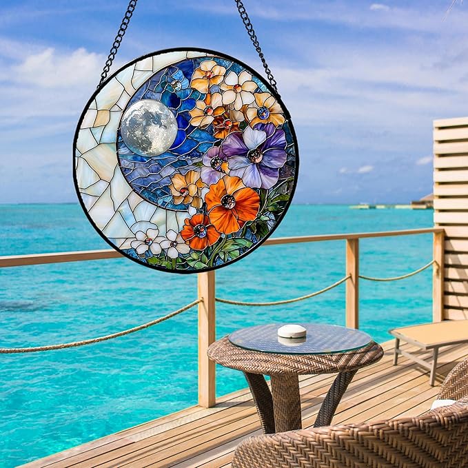 Stained Glass Window Hanging - Blue White Moon Suncatcher for Door Terrace Garden Home Decor Colorful Flowers Sun Catcher Birthday Gifts for Lovers Women Men Dad Mom Nana 11.8 in