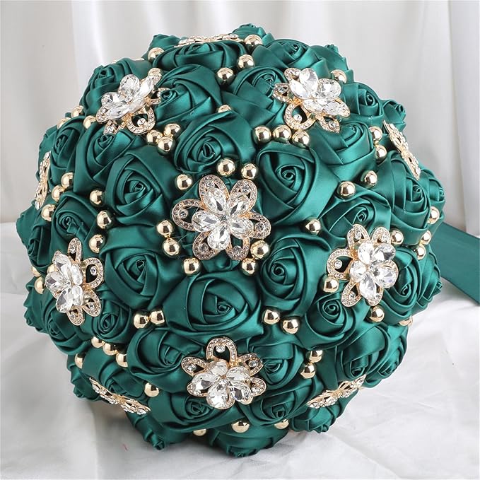 Bridal Wedding Bouquet for Bride Bridesmaid Wedding Quinceanera Throw Toss Artificial Rose Flower Bunch with Bling Brooch (66#DarkGreen, Small (Dia. 7.5"/18cm))