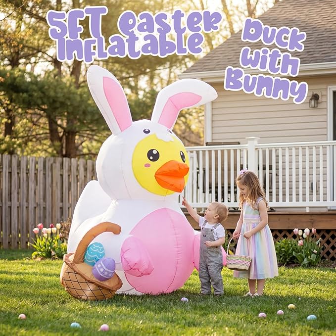 5FT Easter Inflatable Duck with Bunny Ears and Egg Basket, Built-in LED Lighted Blow Up Decoration for Home, Yard, Outdoor, Indoor, Garden, Lawn Easter Inflatables Outdoor Decorations