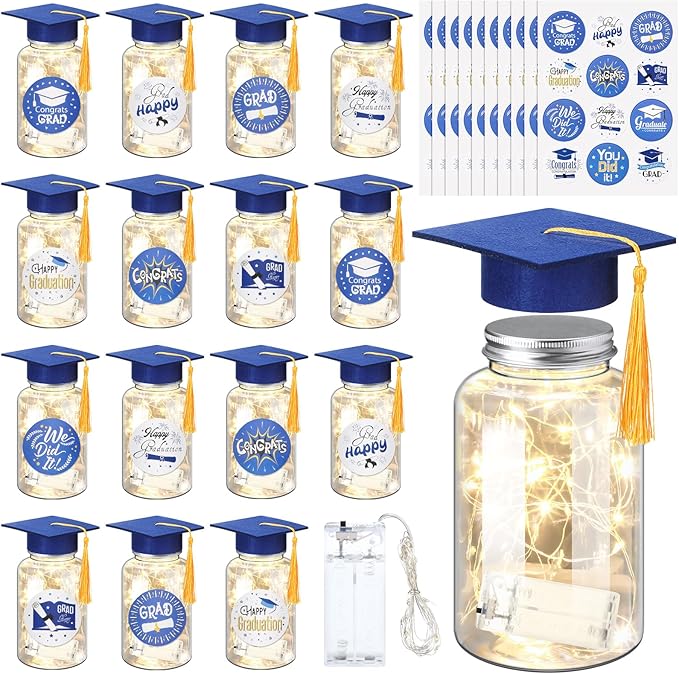 Boao 16 Sets Graduation Table Decoration Set with LED Light up Graduation Decorations for Class of 2026, Grad Jar, Felt Grad Hat and Stickers for High School College(Blue)