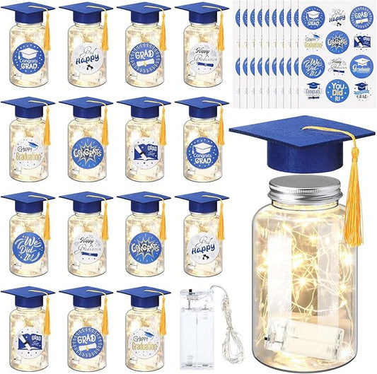 Boao 16 Sets Graduation Table Decoration Set with LED Light up Graduation Decorations for Class of 2026, Grad Jar, Felt Grad Hat and Stickers for High School College(Blue)