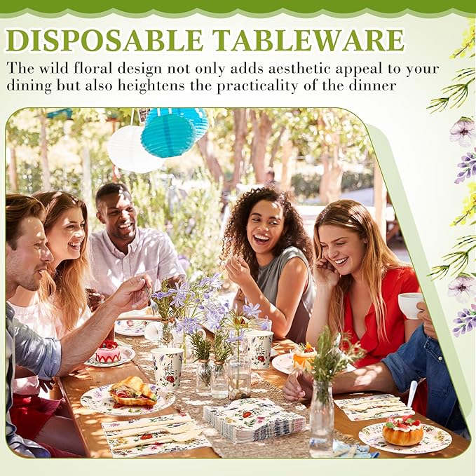 400 Pcs Wild Floral Disposable Paper Plates Napkins Cups Serve 50 Watercolor Floral Tableware Set for Spring Wedding Tea Party Decoration Bridal Shower Baby Shower (Fresh Color,Vivid Style)
