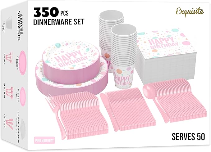 Exquisite 350 Pcs birthday Plastic Plates For Party, birthday Disposable Plates Set, 50 Of Each 9" Dinner Plate Set, 7" Dessert Plate, Cups, Napkins & Cutlery Plastic Dinnerware