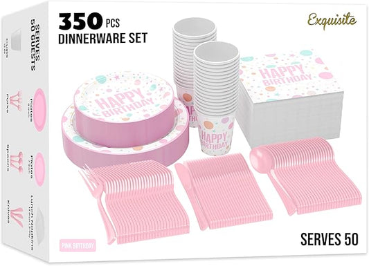 Exquisite 350 Pcs birthday Plastic Plates For Party, birthday Disposable Plates Set, 50 Of Each 9" Dinner Plate Set, 7" Dessert Plate, Cups, Napkins & Cutlery Plastic Dinnerware