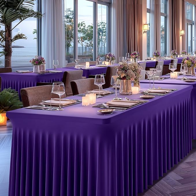 2 Packs Purple Table Clothes for 8 Foot Rectangle Tables, One-Piece Wrinkle Resistant Stretch Spandex Table Covers with Skirt for Event Banquet Wedding Birthday Party