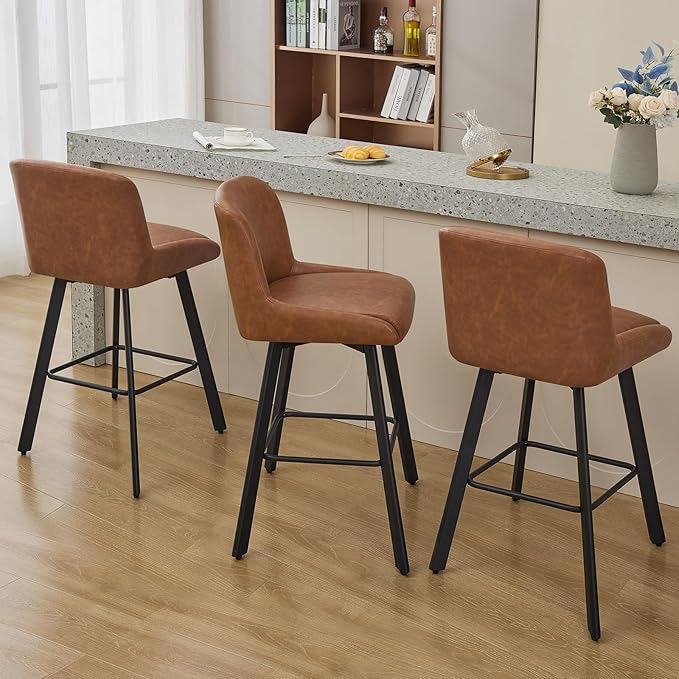 Swivel Bar Stools Set of 3, 29''H Upholstered Barstools with Backs, Modern Counter Height Bar Stool Chairs for Kitchen Island, Metal Legs, Faux Leather, Brown Counter Stools