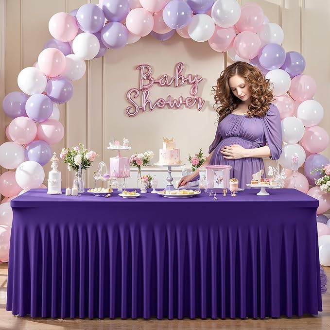 6 Packs Purple Table Clothes for 8 Foot Rectangle Tables, One-Piece Wrinkle Resistant Stretch Spandex Table Covers with Skirt for Event Banquet Wedding Birthday Party