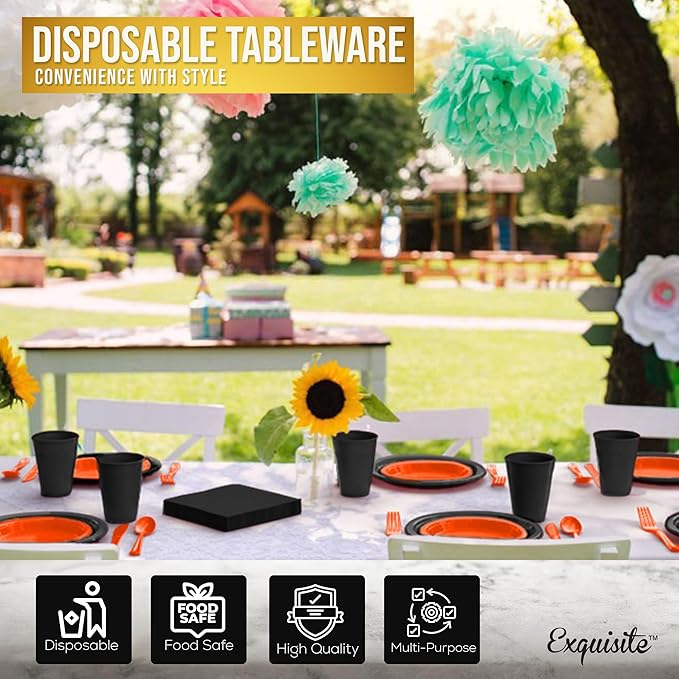350 Pcs Orange & Black Plastic Plates For Party, Orange & Black Disposable Plates Set, 50 Of Each 9" Dinner Plate Set, 7" Dessert Plate, Cups, Napkins & Cutlery Plastic Dinnerware Exquisite